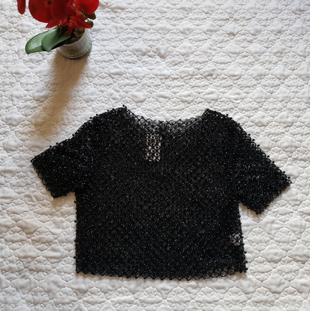BEADED Black MESH CROP TOP Small